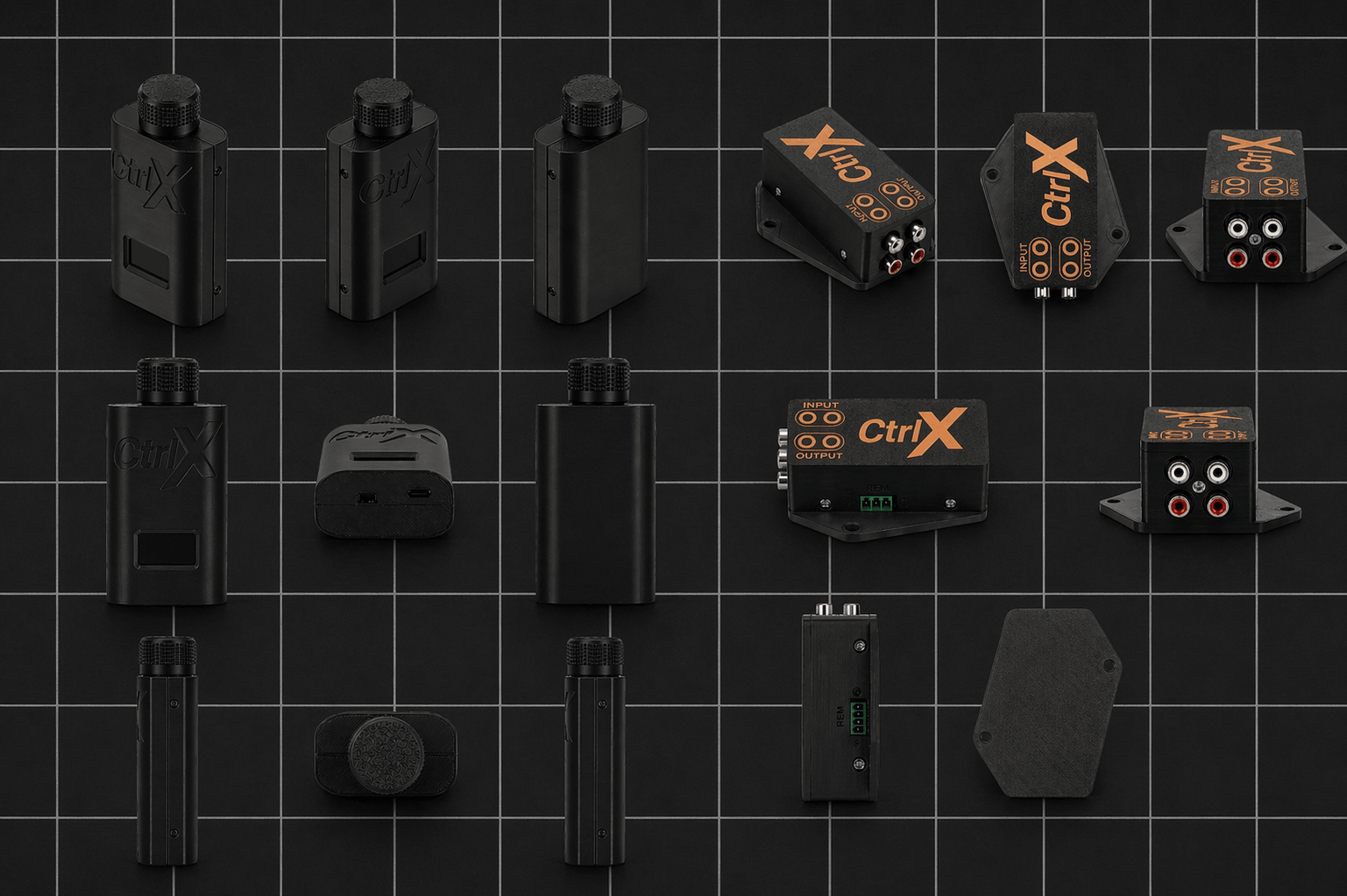 Multi-angle product layout grid of the CtrlX wireless bass knob controller and audio receiver box on a black cutting mat