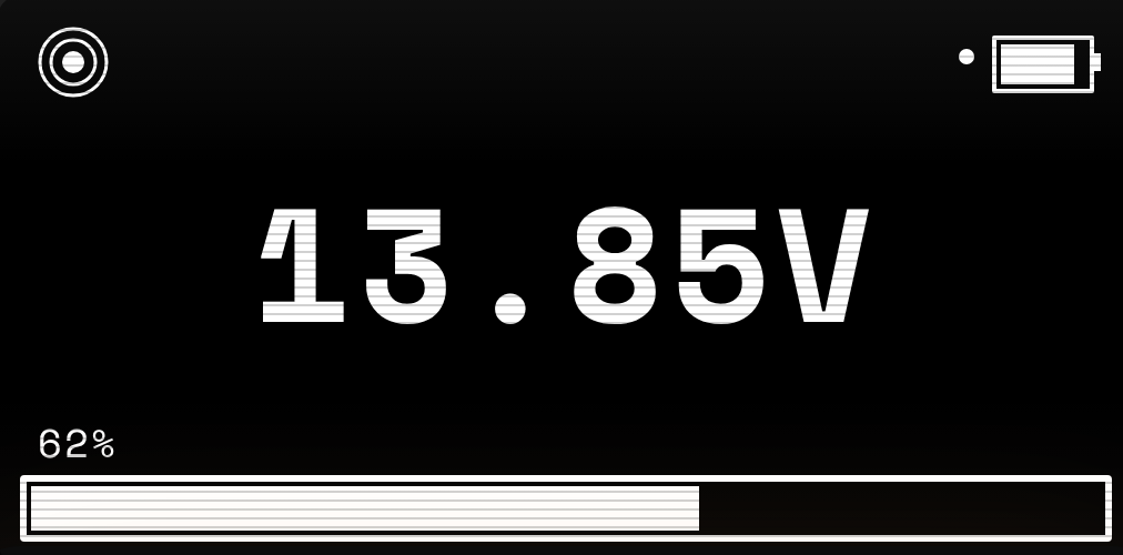 CtrlX digital display interface showing charging status screen with 13.85V reading and 62 percent battery life progress bar