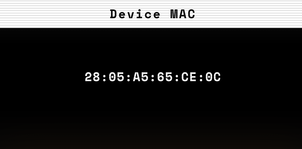 CtrlX hardware display screen showing Device MAC address interface