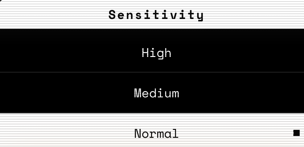 CtrlX digital settings menu showing Sensitivity configuration choices