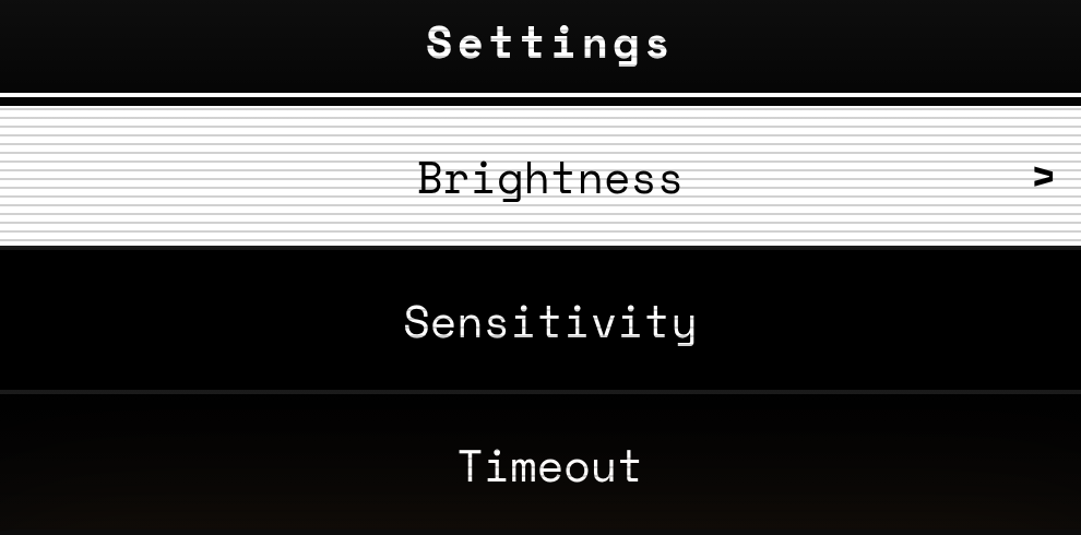 CtrlX digital settings menu showing Brightness, Sensitivity, and Timeout configuration options